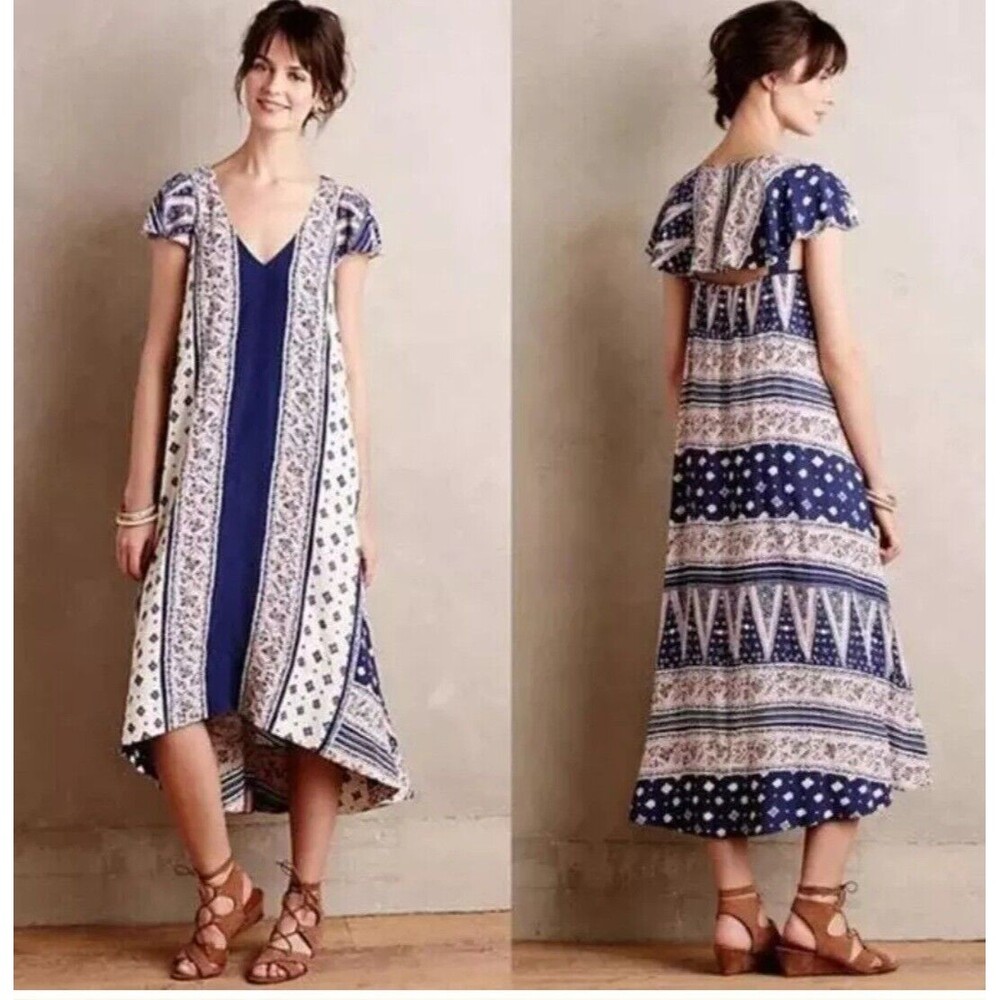 ANTHROPOLOGIE Maeve Summertide Swing Tide Dress Midi Size XS Coastal Oversized